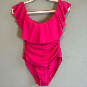 La Blanca Ruffle One Piece Swimsuit Fuchsia Pink Ruched Tummy Control Sz 6